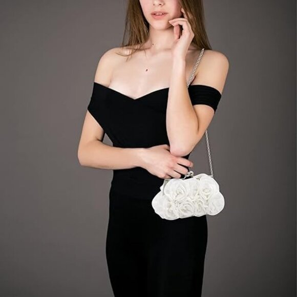 Women Evening Clutch Bag Floral Satin Small Purses with Detachable Strap - Picture 6 of 6